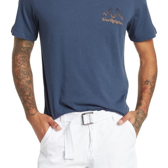 NWT Mens True Religion XL Short Sleeve Triangle T-Shirt Navy Blue and Gold - Picture 5 of 6